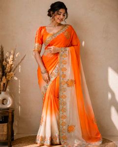 Stunning Orange Ombre Embroidered Saree