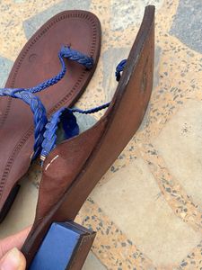 Brown Leather Sandals with Blue Braided Straps