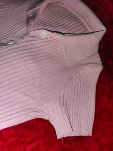 Pink Ribbed Collared Crop Top