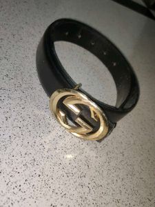 Designer Black Leather Belt with Gold Buckle