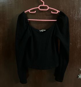 Black Ribbed Puff Sleeve Top