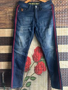 Men's Distressed Blue Jeans with Red Stripes