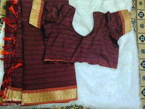 Maroon Striped Saree with Blouse
