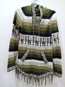 Multi Green Colour Woolen Hoodie Top