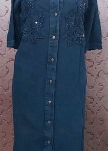 Blue Denim Long Kurti With Embellishment