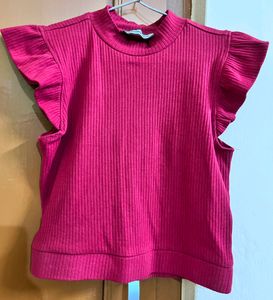 Roadster Crop Maroon Ribbed High Neck Top