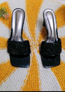 Chic Black Glitter Heel Mules