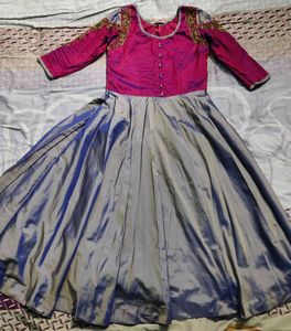Magenta Silver-Grey Party Wear Gown