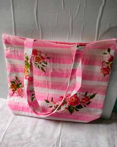 Pink Floral Striped Tote Bag