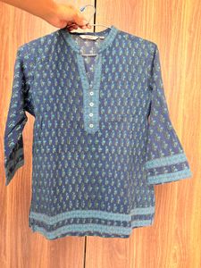 Blue Printed Cotton Kurta