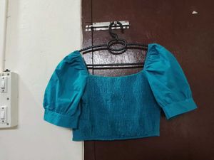 Teal Puff Sleeve Crop Top