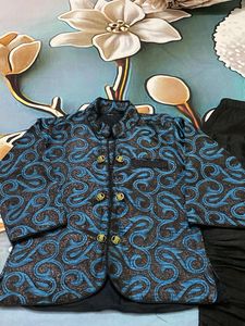 Stylish Blue & Black Brocade Ethnic Jacket