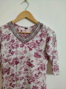 Floral Print Kurta with Embellished Neckline