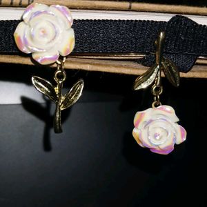 Iridescent White Rose Asymmetric Drop Earrings