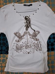 Cream Lace-Up Graphic Long Sleeve Top