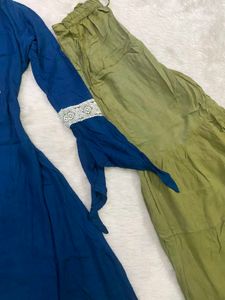 Blue Asymmetric Kurti &amp; Olive Green Sharara
