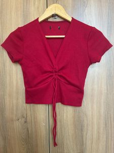 Ribbed Red Ruched Crop Top