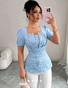 brand new(savana)patchwork blue Puff Sleeve Top