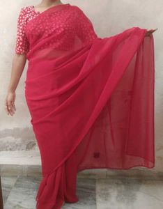 Elegant Red Saree with Printed Blouse