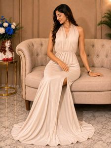 Elegant Beige Halter Neck Maxi Dress