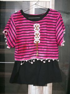 Striped Pom-Pom Detailed Pink Crop Top