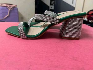 Green Rhinestone Block Heel Sandals Combo Of 3