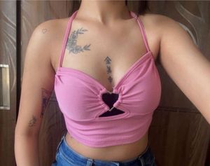 Pink Halter Neck Heart Detail Crop Top
