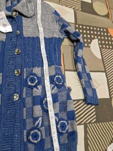 Blue &amp; Grey Knit Cardigan with Floral Detail