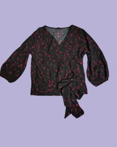 Chic Black Floral Wrap Top
