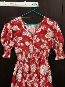 Red Floral Maxi Dress with Puff Sleeves