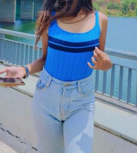 Blue Striped Ribbed Tank Top