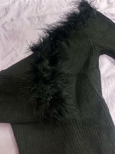 Black Fur Trimmed Bell Sleeve Top