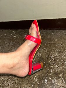 Red Block Heel Clear Strap Sandal