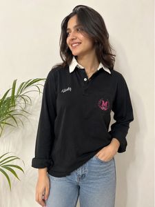 Black Long Sleeve Polo Top with Graphic Detail