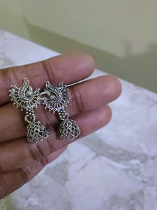 Oxidized Silver Peacock Jhumka Earrings