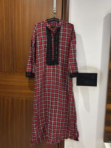 winter Red Plaid Kurta with Black Lace