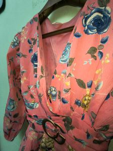 Deep V Neck  Floral Wrap Top with Belt