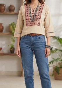 Gujarati kachi print Beige short kurti
