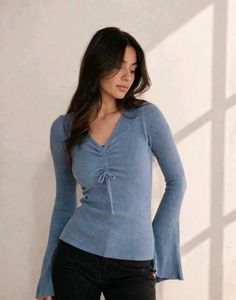 Blue Ribbed Ruched Flare Sleeve Top