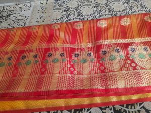 Vibrant Red &amp; Gold Silk Saree. without blouse