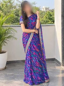Vibrant Blue Floral Print Saree