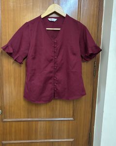 Maroon Button-Up Ruffle Sleeve Top