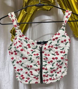Smiffys Cherry Print Zip Corset Crop Top