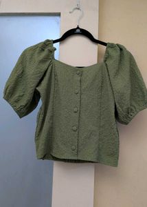Olive Green Puff Sleeve Textured Top