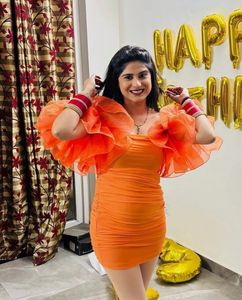 Vibrant Orange Ruched Off-Shoulder Dress