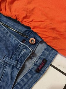 Orange Ruched Top &amp; Blue Denim Jeans Set