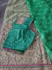 Vibrant Green Paisley Saree with Gold Border