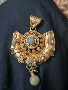 Designer Gold Tone Pendant with Green Stones