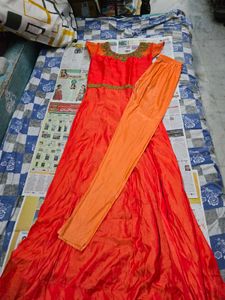 Embellished Orange Ethnic Work Gown with pant.