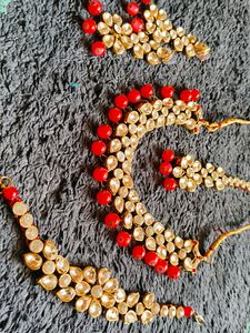 Red Beads With White Stones Neck Set